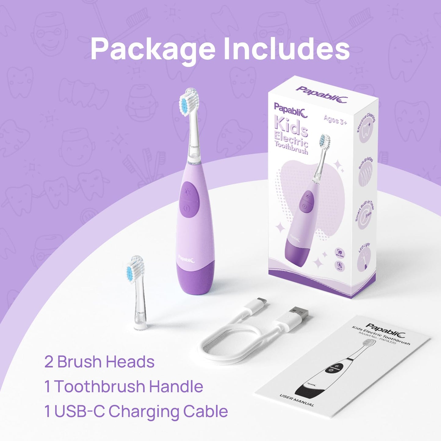 Papablic Kids Electric Toothbrush for Ages 4+ Children Girls and Boys, USB Rechargeable with Smart Brushing Timer, LED Light & 4 Replacement Brush Heads, Purple
