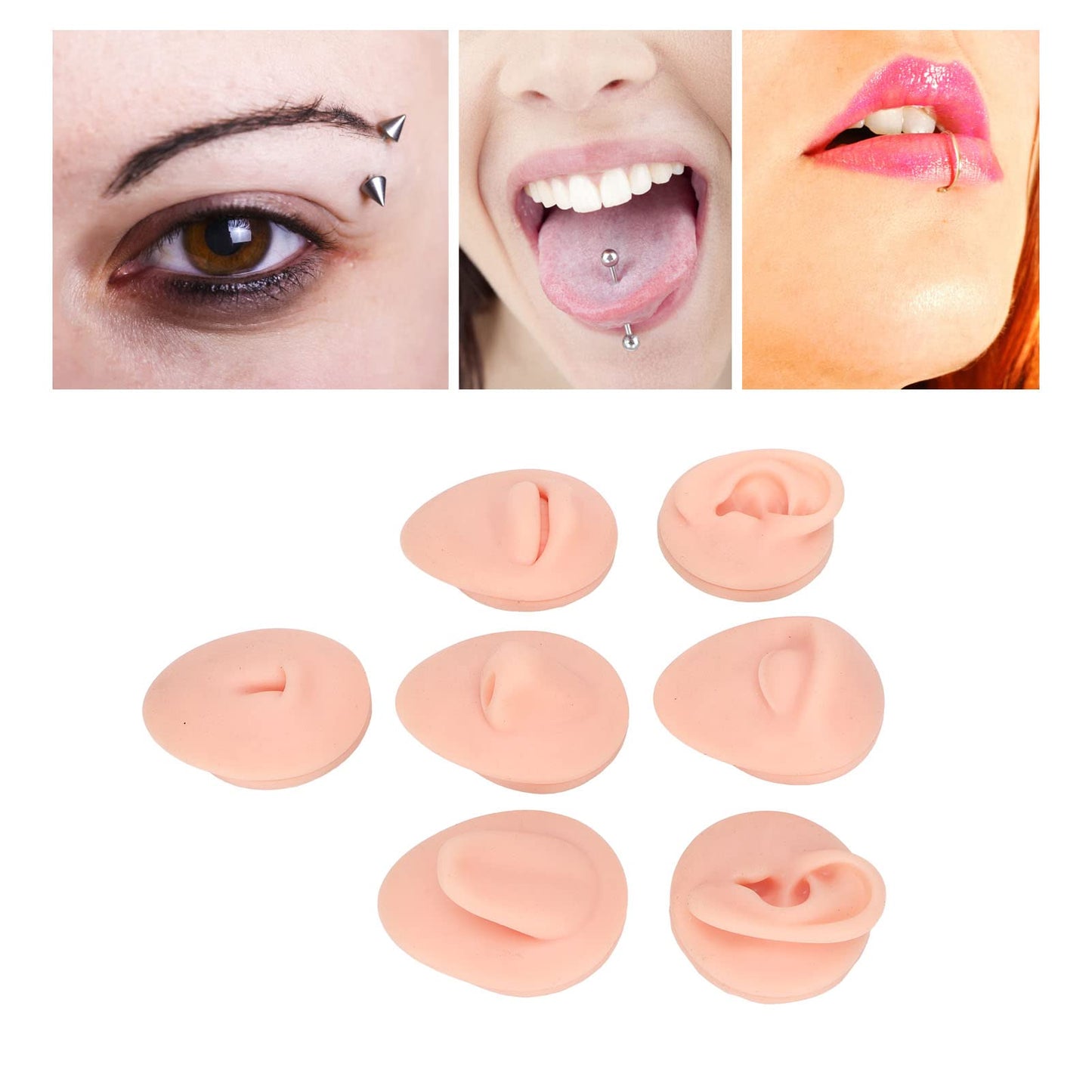 7PCS Piercing Practice Body Parts, Silicone Body Parts for Piercing Kit, Fake Body Parts, Soft Silicone Ear Mouth Nose Eye Tongue Navel Model (Light Skin)