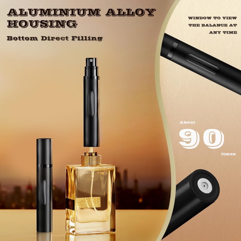 DIOHIO 8ml Perfume Atomizer Travel Refillable,Mini Cologne Dispenser, Bottom-Filling Fragrances Perfumes Bottle,Portable Sprayer Pocket Size for Women Men Cruise Car Trip Gift 2pcs (Black-Silver)