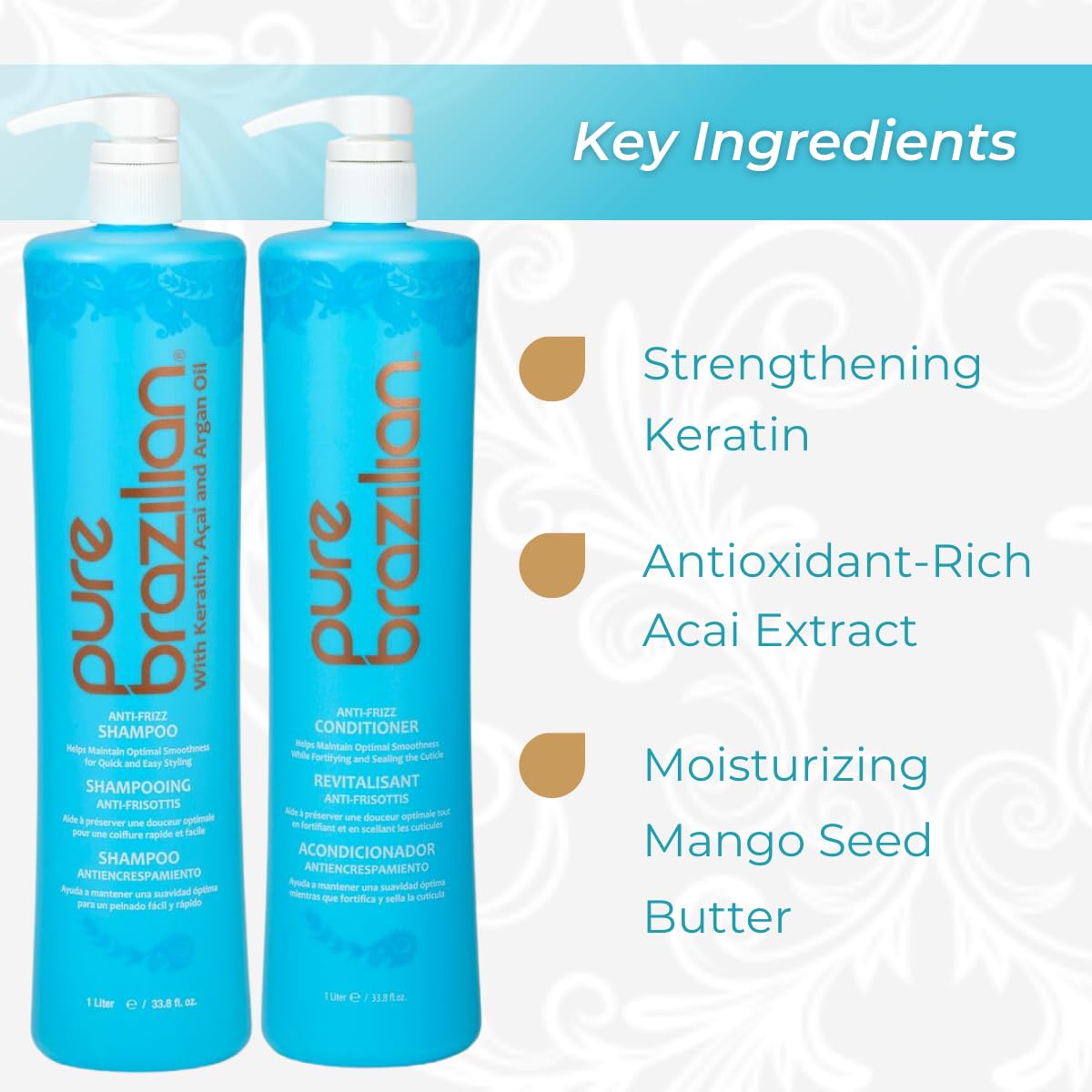 Pure Brazilian Anti-Frizz Daily Shampoo & Conditioner, Salt-Free & Color Safe, Enriched with Keratin, Argan Oil & Acai, 1 Liter (33.8 Fl Oz)