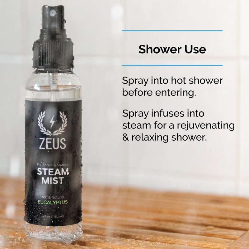 ZEUS 100% Natural Eucalyptus Oil Steam Mist, Aromatherapy Spray for Shower, Sauna, Bath & Pre-Shave, Nasal Relief & Spa-Inspired Wellness (Made in USA) 4 oz.