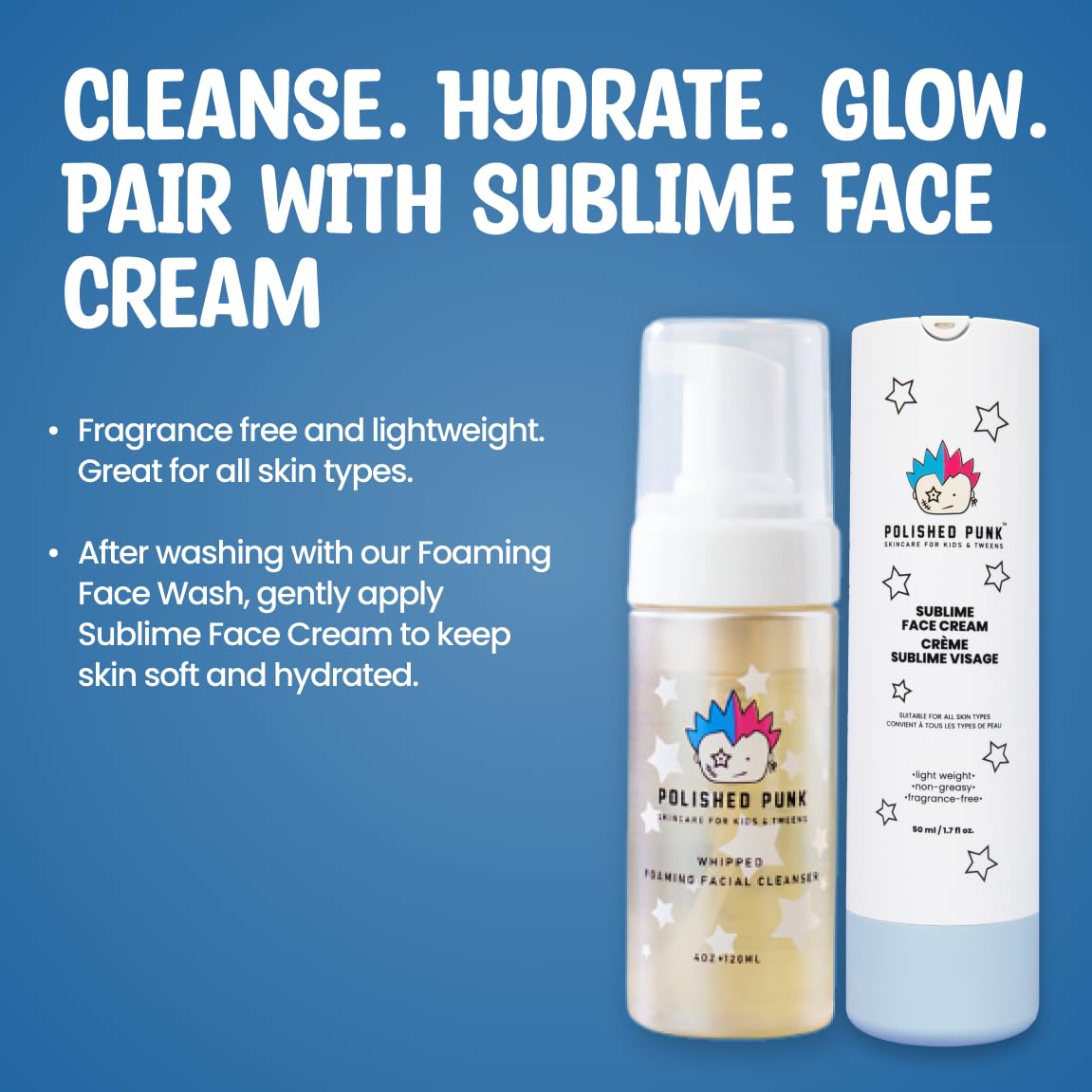 Polished Punk Natural and Organic Foaming Face Wash for Kids and Tweens, Soap and Fragrance Free Tear-Free Cleanser for Sensitive Skin with Botanical Extracts, Aloe, and Glycerin, 4 oz