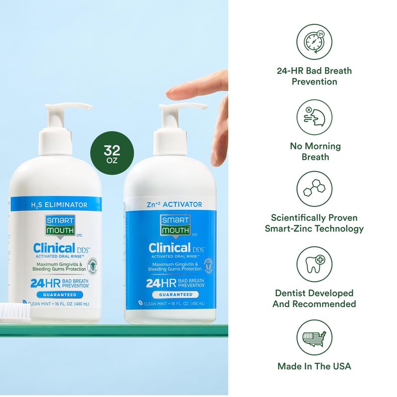 SmartMouth Clinical 2-Bottle Activated Mouthwash System - Anti-Plaque & Anti-Gingivitis for Healthy Gum Support - Clinical-Strength Mouthwash for All-Day Fresh Breath - Alcohol-Free - 16 fl oz Each
