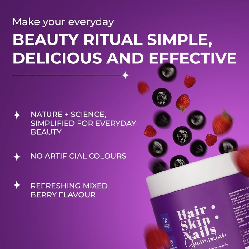 The Wellness Project 14-in-1 Hair, Skin & Nails Gummies with 10,000 mcg Biotin, Keratin, Hyaluronic & Folic Acid, Vitamins A, B5, B6 & B12 & Sea Buckthorn | for Women & Men | Tasty Mixed Berry Flavor