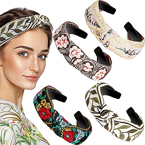 Chuangdi 4 Pieces Boho Headband Floral Wide Headband Handmade Knot Embroidery Bohemia Turban Vintage Ethnic Style Hair Band for Women Girls Hair Accessories