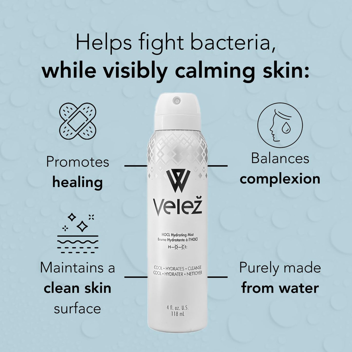 Velež HOCL Hydrating Face Mist, Gentle Facial Spray, Versatile Fusion of Hypochlorous Acid + Pure Water, Refreshes, Soothes & Cleans The Skin, 4 Fl Oz