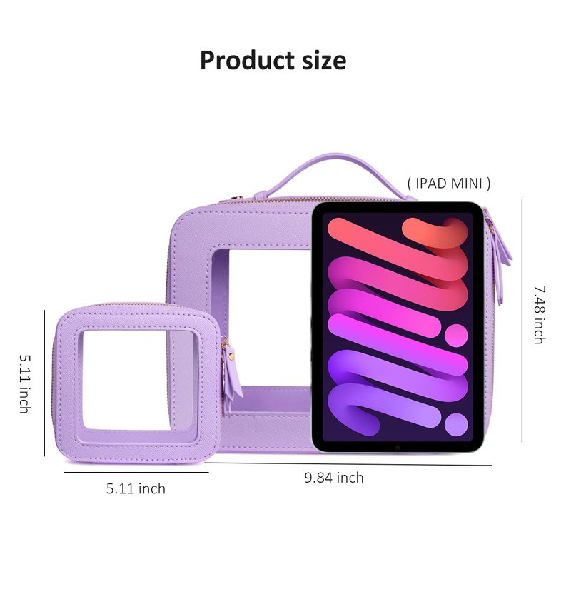 LETGO Clear Makeup Bag Organizer Set,Portable Travel Toiletry Case for Women, Vegan Leather Cosmetic Pouch Car Bag for Essentials(Mini+Large Purple)