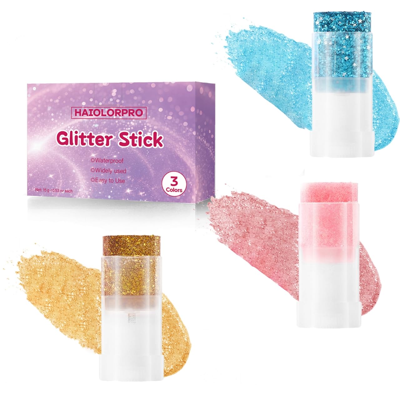 HAIOLORPRO Gold Blue Pink Body Glitter Stick, Face Hair Glitter Stick for Kids, Glitter Face Paint Hair Accessories for Women Girls Singer Concert Festival Rave Disco Party Mermaid Sparkly Makeup