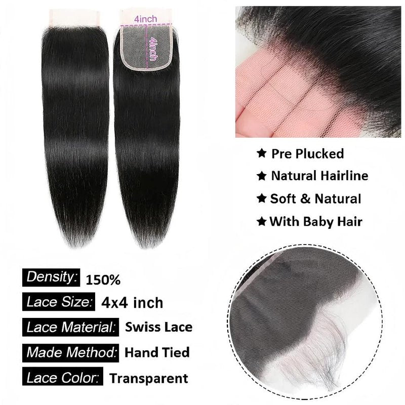 4x4 Lace Closure Human Hair Straight Closure Hd Transparent 12 Inch Lace Closure Human Hair Free Part Pre Plucked with Baby Hair Lace Frontal Natural Black Color