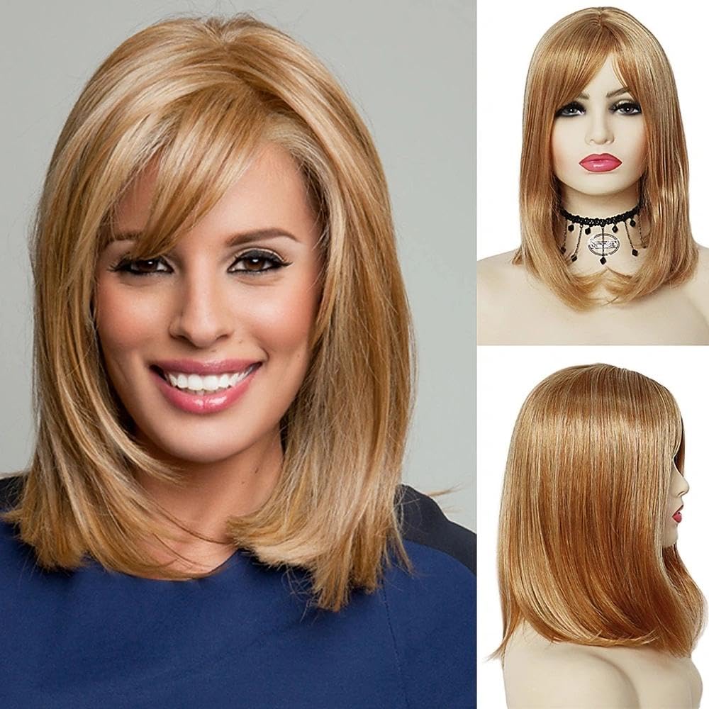 Strawberry Blonde Wig With Bangs Straight Bob Wigs For Women Highlights