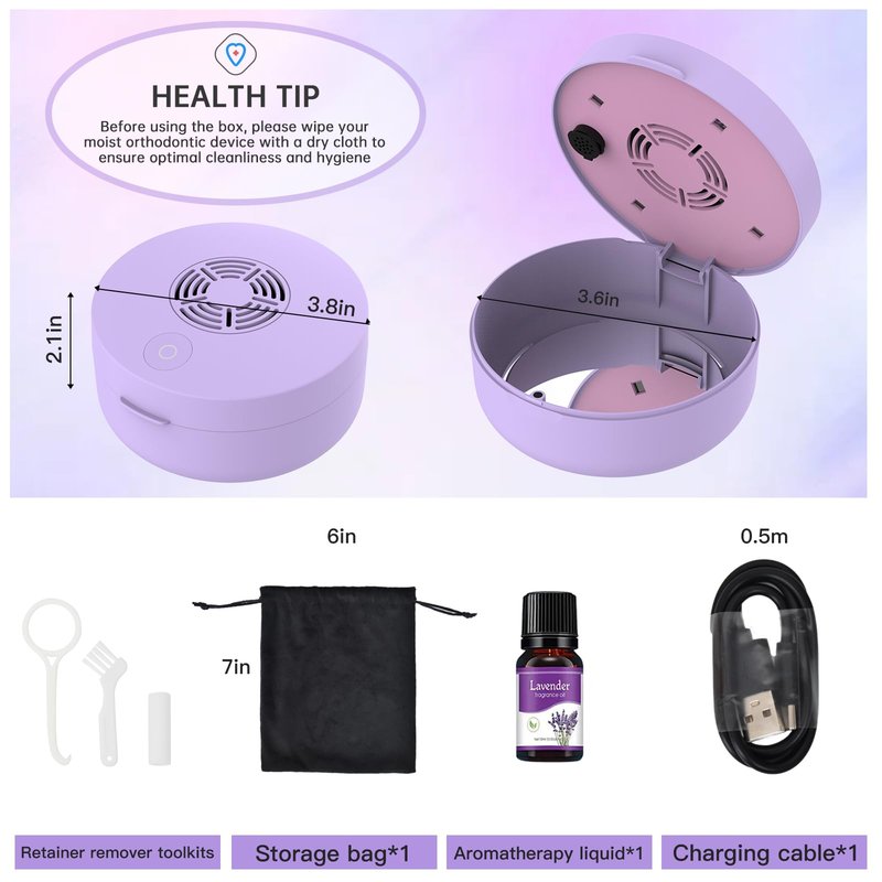Voraiya U/V Retainer Case with Fan, Portable Cleaning Denture Cases with UVC Lights Rechargeable Retainers Cleaner Container for Partial Denture, Aligners, Mouth Guard, Night Guard, Braces (Purple)