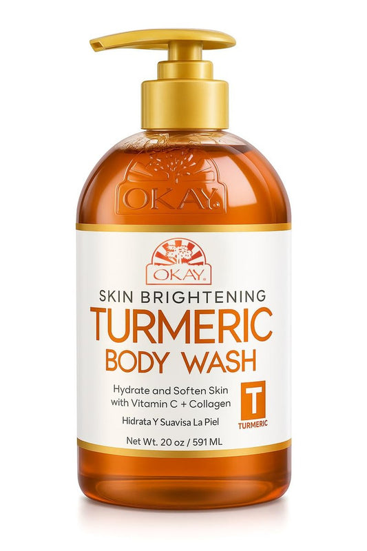 OKAY Turmeric Skin Brightening Body Wash 20 oz – Vitamin C & Collagen Glow Cleanser for Dark Spots & Even Skin Tone