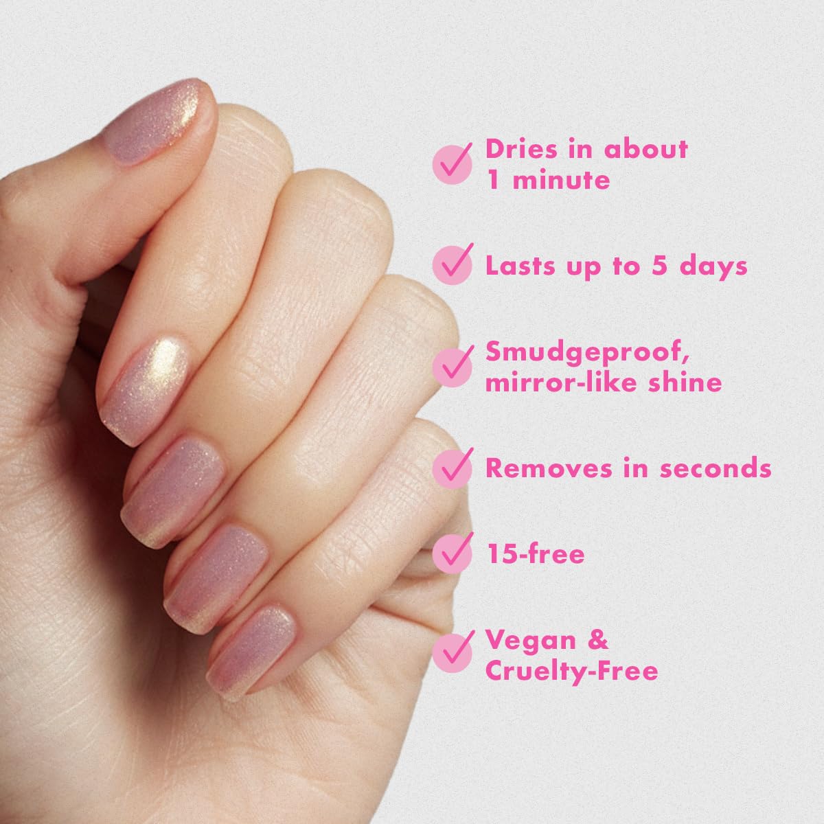 Quick Dry Nail Polish - Smudgeproof, Vegan & Cruelty-Free | Sugarcoat Shimmery Pink, Lasts Up to 5 Days