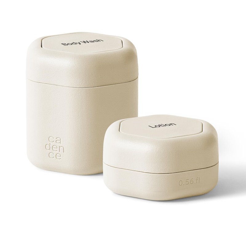 Cadence Travel Containers - 2pk (1 Small, 0.56oz + 1 Medium, 1.32oz), Sand - TSA Approved, Leak Proof, Magnetic Basic Body Care Capsules - Carry On Travel Essentials - Body Wash & Lotion Labels