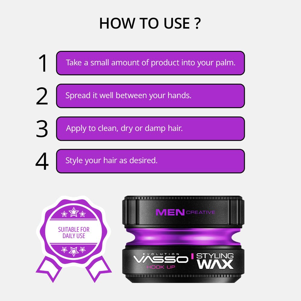 Vasso Hook Up Hair Styling Wax for Men, Super Strong Hold with Natural Shine, Water Based Hair Wax for Short & Thin Hair, Long Lasting Reworkable Styling Pomade, 5.07 fl oz (150 ml)