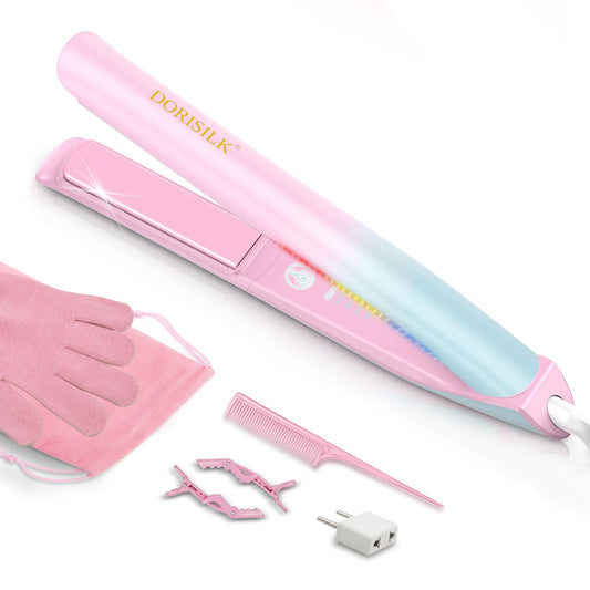 DORISILK 470°F Hair Straightener Colorful Light, Dual Voltage Flat Iron for EU Travel, 1" Professional Salon Ceramic Straightening & Curling Iron Smooth Tech 30s Fast Heat for Women Girls, Blue Pink