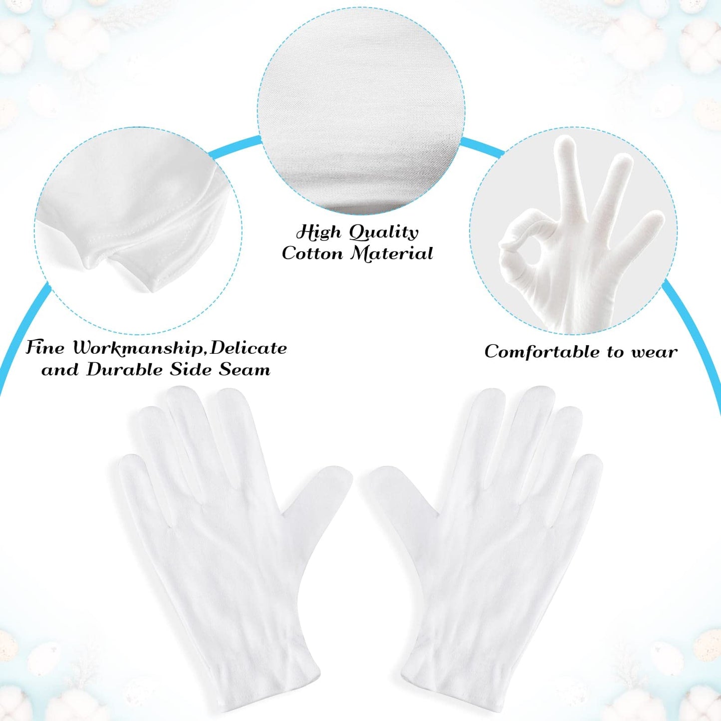 Paxcoo 6 Pairs XL White Cotton Gloves for Dry Hand Moisturizing Cosmetic Eczema Hand Spa and Jewelry Inspection (Pack of 2)