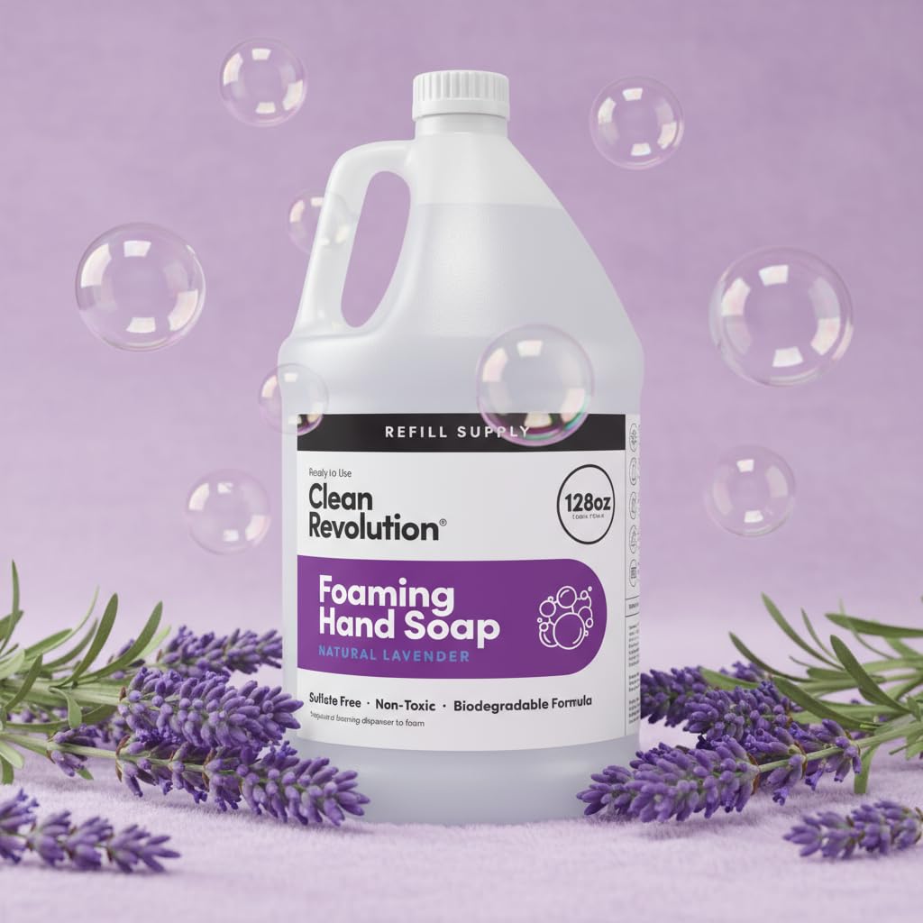 Clean Revolution Foaming Hand Soap Refill with Real Essential Oils, Moisturizing Sulfate-Free Hand Soap, Ready-to-Use Foam Soap Refill for Kitchen & Bathroom (Natural Lavender, 128oz)