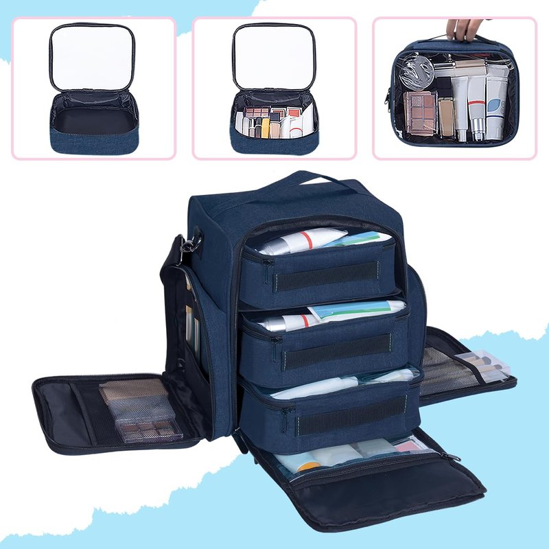 BAOMANYUHA Large Cosmetic Organizer Bag with 3 Inner Removable Pouches,Blue
