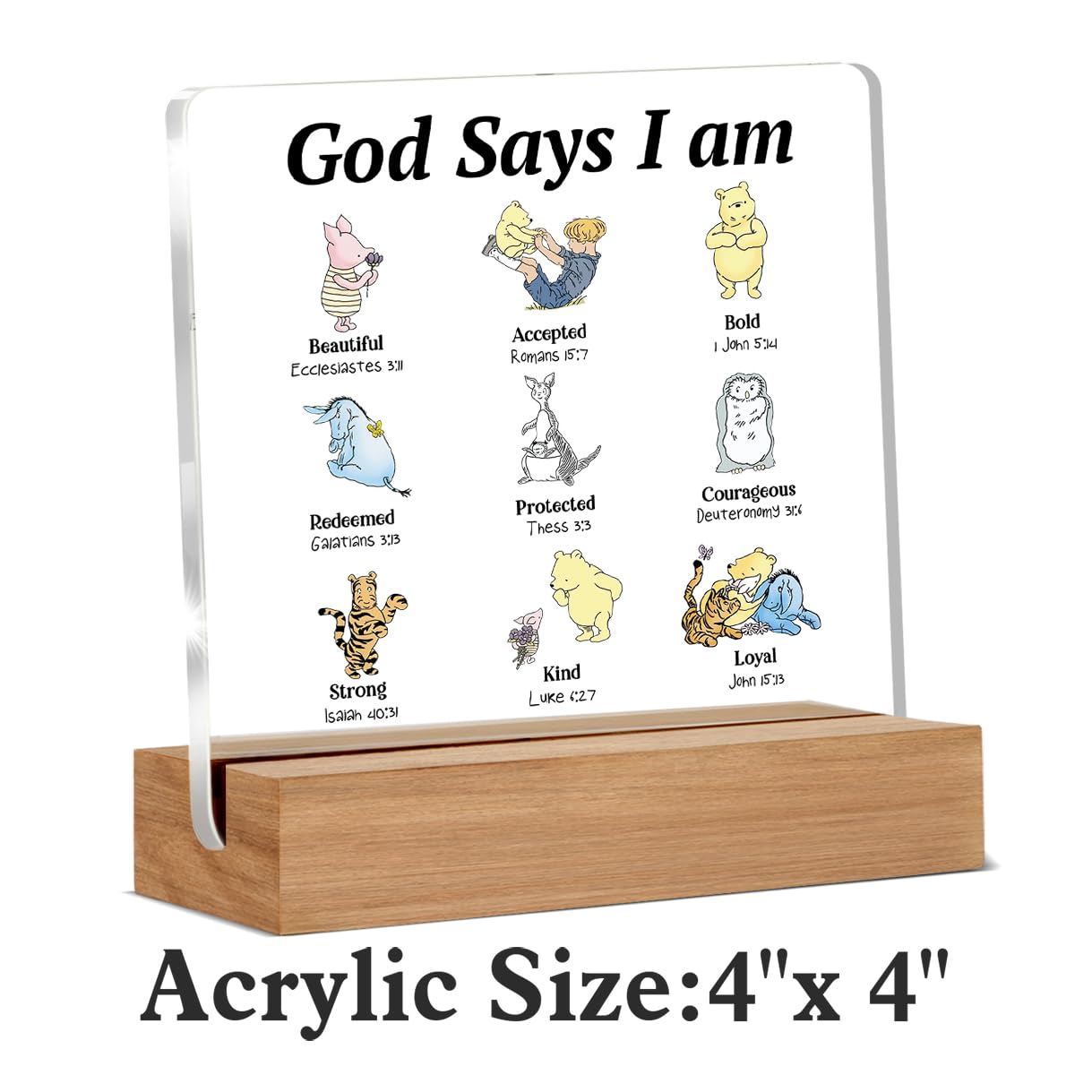 Pooh Bear Gifts for Women Christian Gifts Inspirational Gift God Says Pooh Clear Desk Decorative Sign Acrylic Sign With Wooden Stand for Office Desk Table Shelf