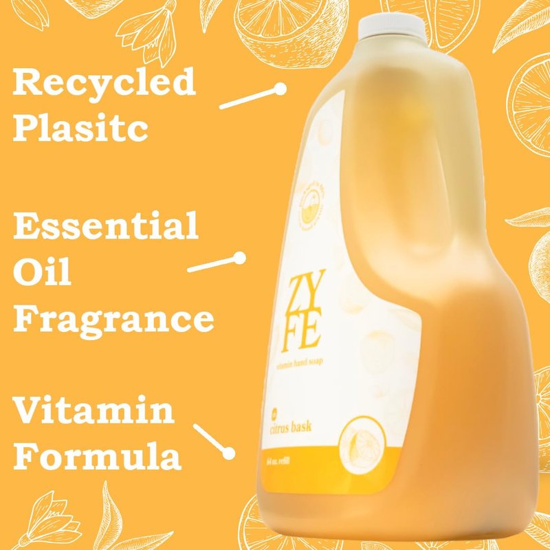 ZYFE Vitamin infused Liquid Hand Soap Refill - Natural Plant Derived Moisturizing Handsoap with Essential Oil Fragrance Coconilla Key - Soft Hand Wash for Kitchen & Bathroom - Lush Soft Soap 64oz