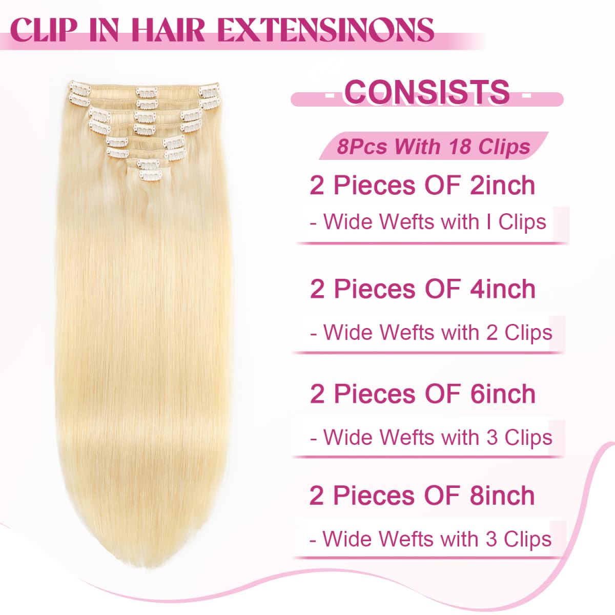 POGINJA Clip in Hair Extensions Real Human Hair, Remy Human Hair Extensions Clip ins for Women, 100% Natural Human Hair, Double Weftm, 14inch 80g 8Pcs, #60 Platinum Blonde