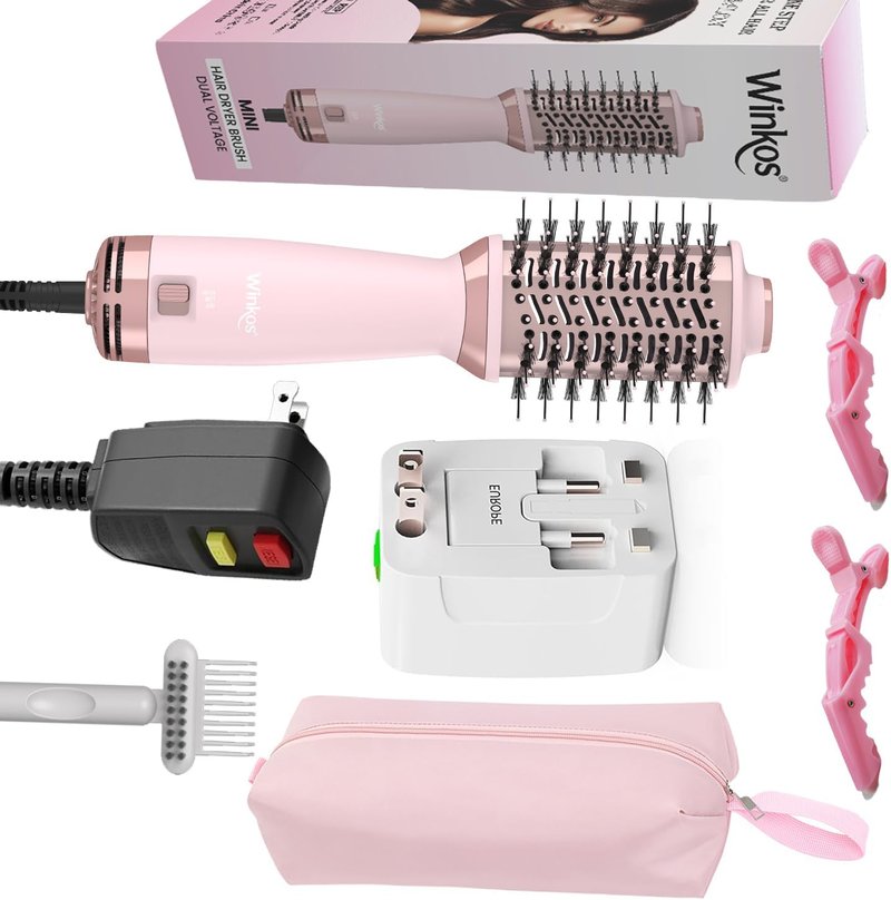 Travel Dual Voltage Hot Air Brush - 4 in 1 Mini Hair Dryer & Volumizer | 2 Inch Brush with Global Adapter & Storage Bag