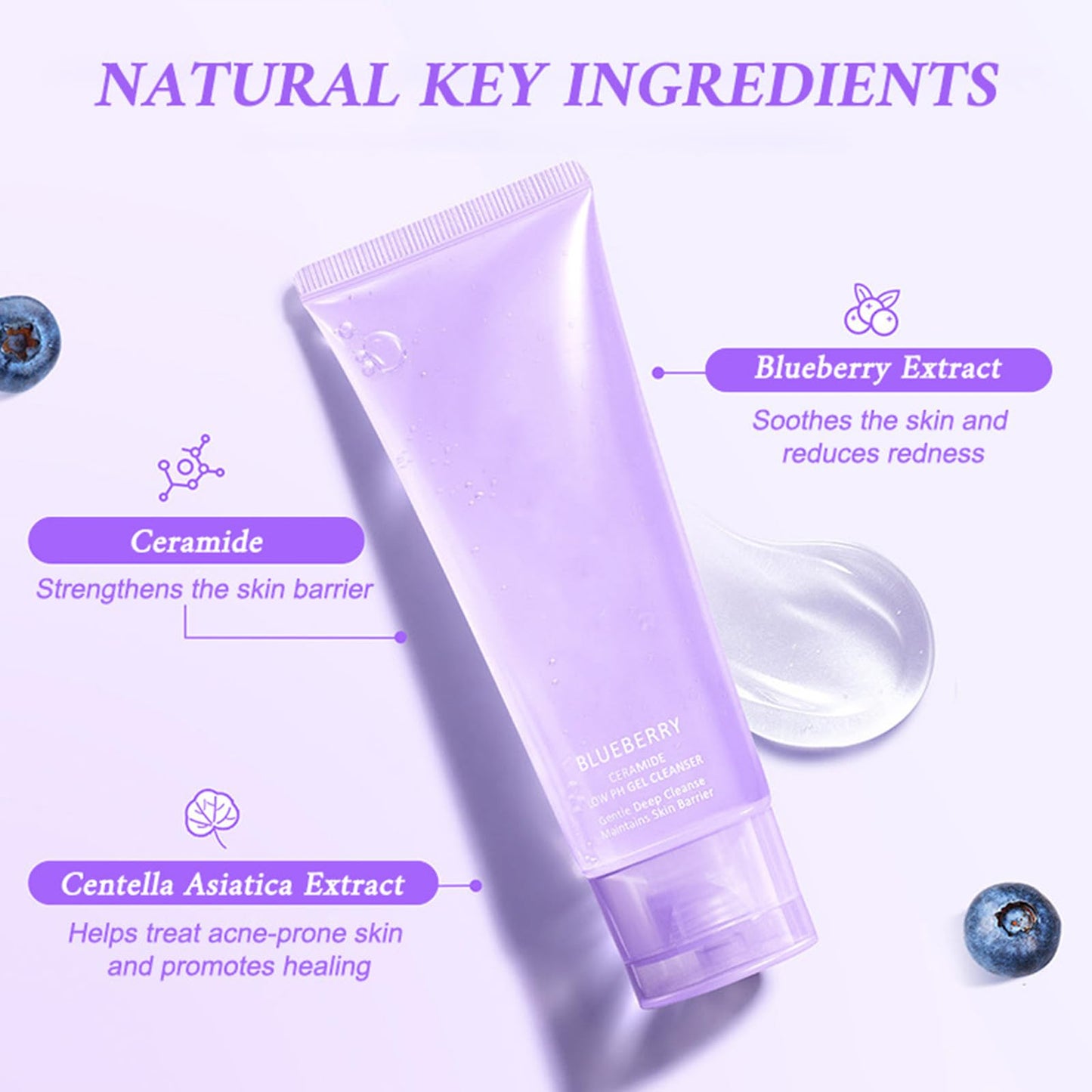 Gentle Face Cleanser, Hydrating Facial Cleanser for Sensitive Skin with Blueberry,Ceramides and Asiatica Cartel, Barrier Repair Hydrating Face Wash for Dry Skin,Oil Skin and Sensitive Skin