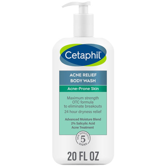 Cetaphil Body Wash, Acne Relief Body Wash with 2% Salicylic Acid to Eliminate Breakouts, Gently Exfoliates and Provides 24Hr Dryness Relief, 20 oz