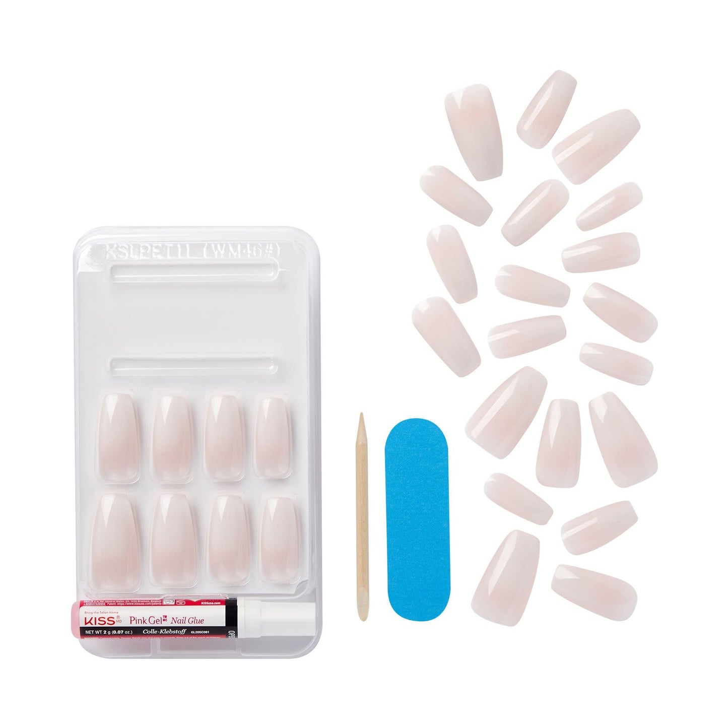 KISS Classy French Nail Manicure Kit with Gel Finish, Long, Coffin Shaped, Includes Mini Nail File, Manicure Stick, 28 Fake Nails & Pink Glue (Net Wt. 2 g), 'Be-You-Tiful', 28 Count