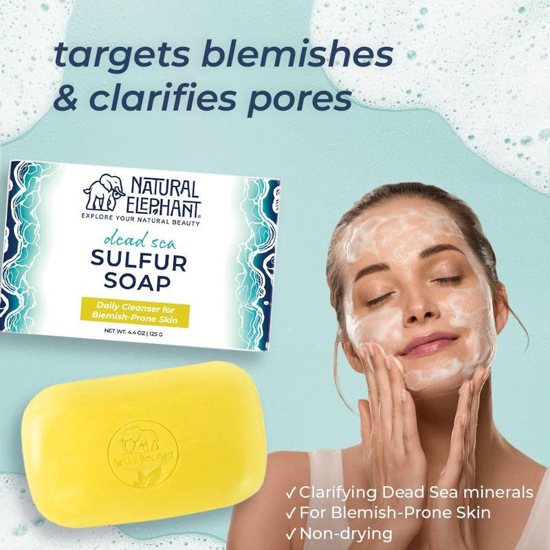 Natural Elephant Dead Sea Sulfur Soap 4.4 oz with Dead Sea Salt, Aloe Vera, Sulphur Face and Body Bar for All Skin Types (5 Pack (22 oz Total))