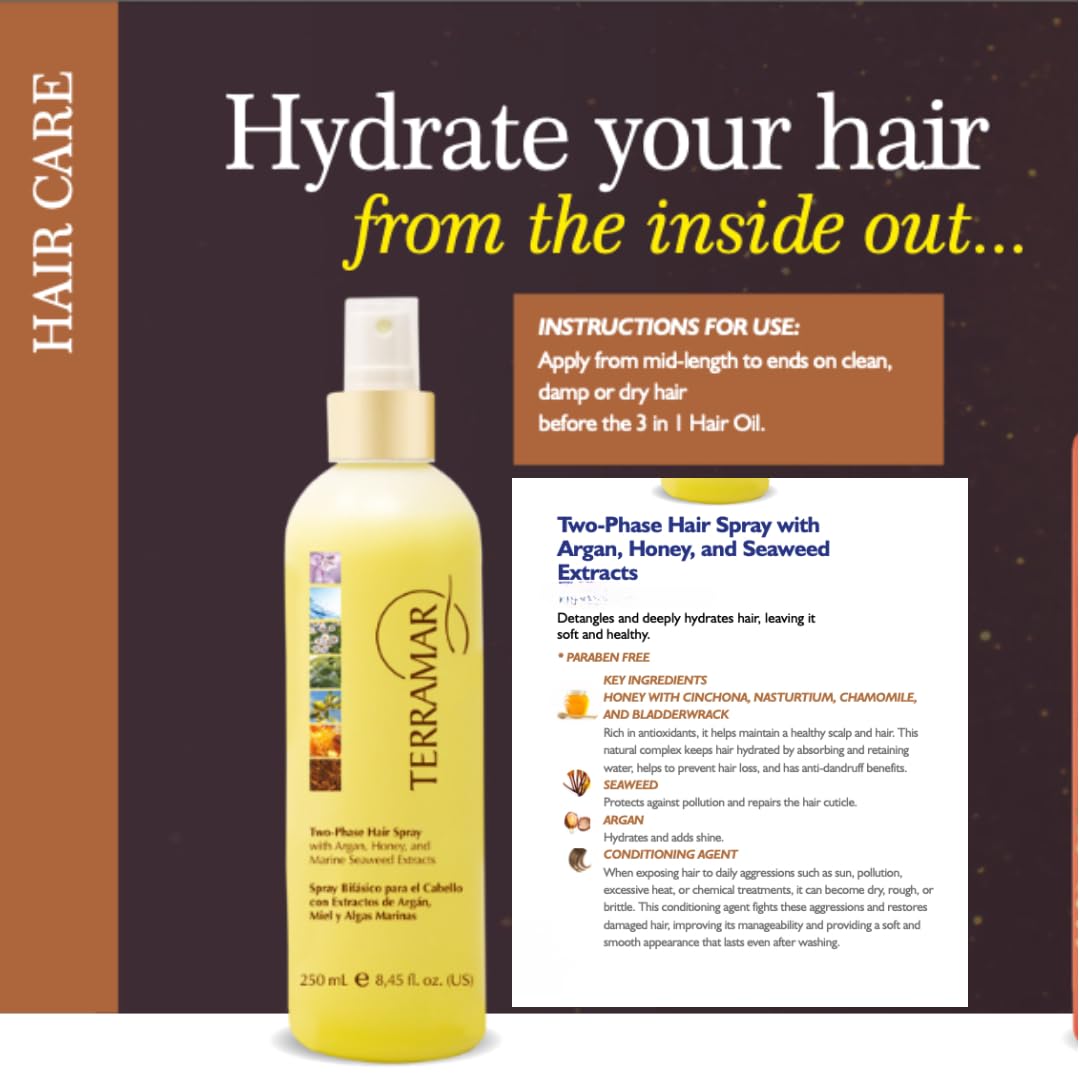 Terramar Two-Phase Hair Spray with Argan, Honey, Seaweed Extracts, Paraben Free, Detangling Conditioning Treatment, 8.45 fl oz
