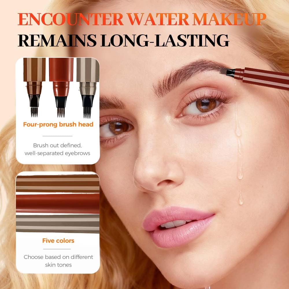 2Pcs Eyebrow Pencil, Upgrade 3D Magic Eyebrow Tattoo Pencils 4 Tip Eye Brow Pen, Long-Lasting Fine Stroke Microblade Eyebrow Pencil for Makeup Last All Day (Black)