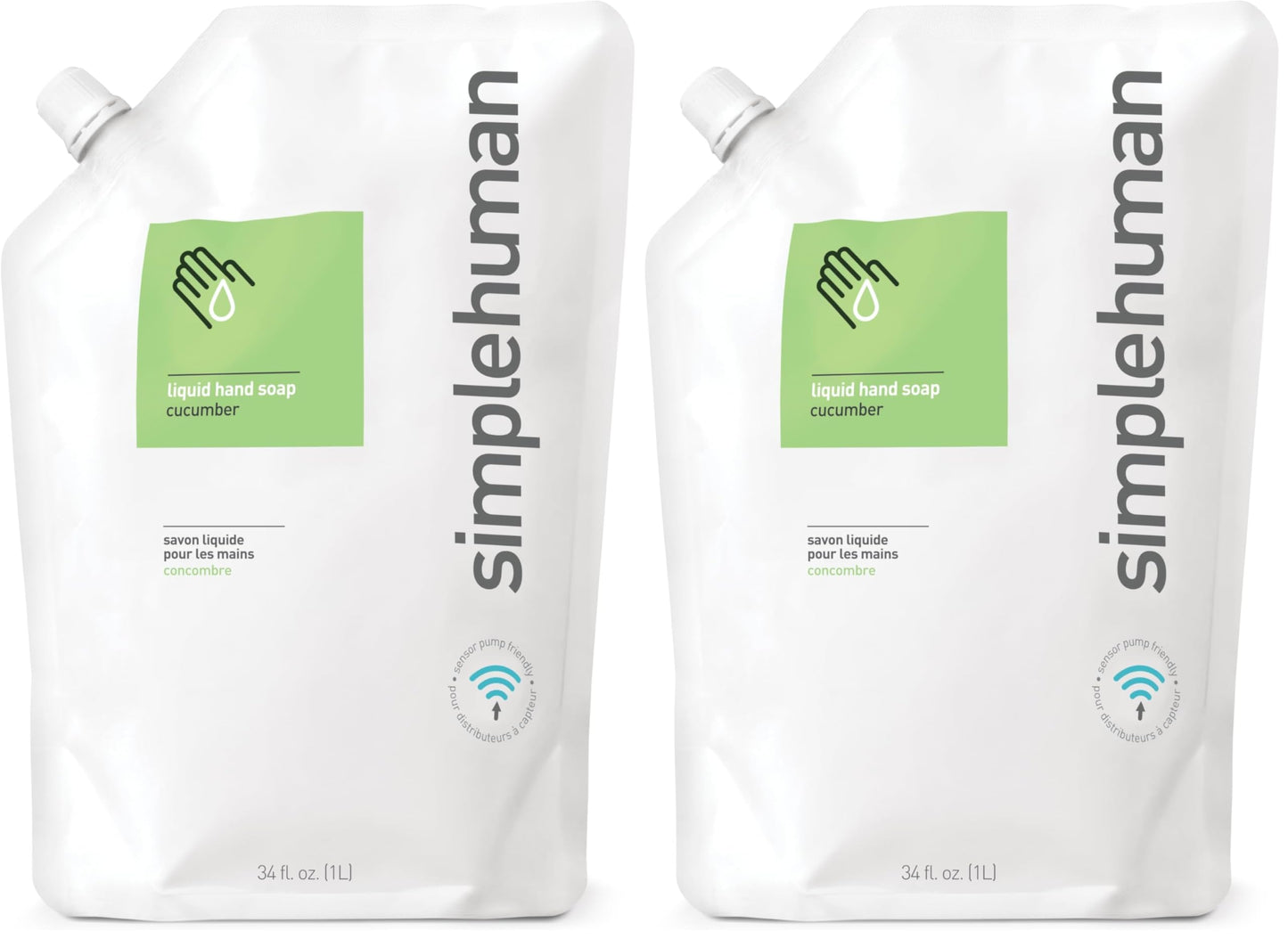 simplehuman Moisturizing Liquid Hand Soap Refill Pouch, 34 Fl Oz, Cucumber (Pack of 2)