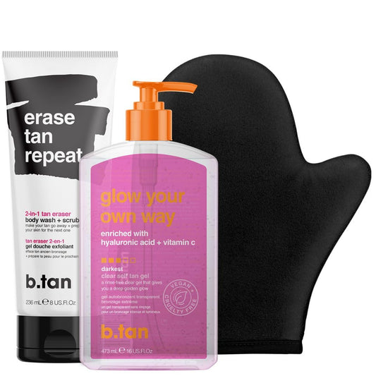b.tan Best Clear Self Tanning Gel Kit | Glow Your Own Way Bundle - Ultra Dark, Quick Express Tanner for Face & Body with Applicator, No Transfer (Dark with Tan Eraser Scrub with Mitt)