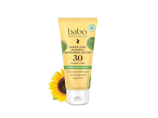 Babo Botanicals Sheer Zinc Mineral Sunscreen SPF 30 - Natural Zinc Oxide, Fragrance-Free, Water Resistant | 3 Fl. Oz.