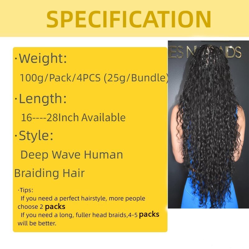 Human Braiding Hair for Boho Braids Deep Wave Bulk Human Hair 100g 24 Inch Curly Human Hair Extensions for Boho Braids Wet and Wavy Human Hair 4 Bundles/Pack Natural Color
