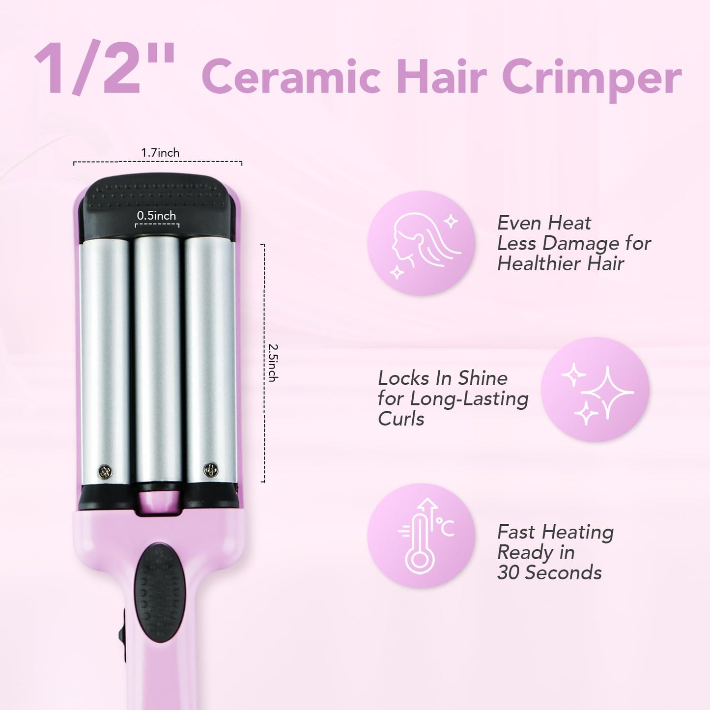 Ouphiny Mini Hair Crimper, 3 Barrel Curling Iron 1/2 Inch with Dual Voltage, Travel Beach Waver Curling Iron for Short to Medium Hair, Purple