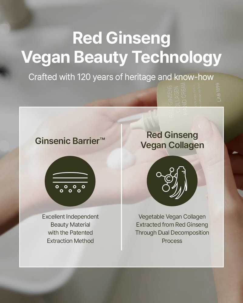Donginbi LAB 1899 Red Ginseng Collagen Hand Cream - Firming & Glowing Moisturizer for Dry Hands, Korean Ginseng Skin Care Gifts for Women, Vegan Hand Lotion Travel Size, 1.69 floz