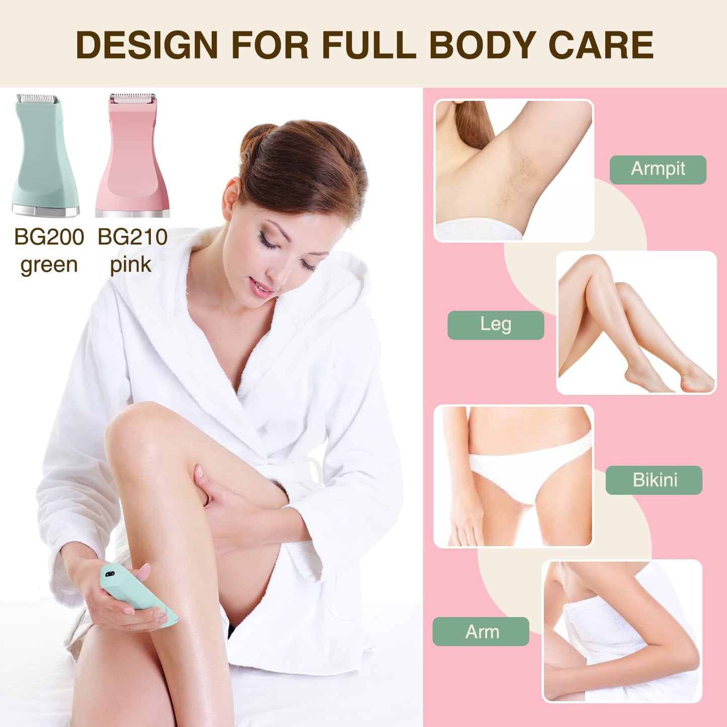 AREYZIN Women's Body Grooming Duo Pack: Matching Electric Bikini & Body Shaver Set (Green & Pink)