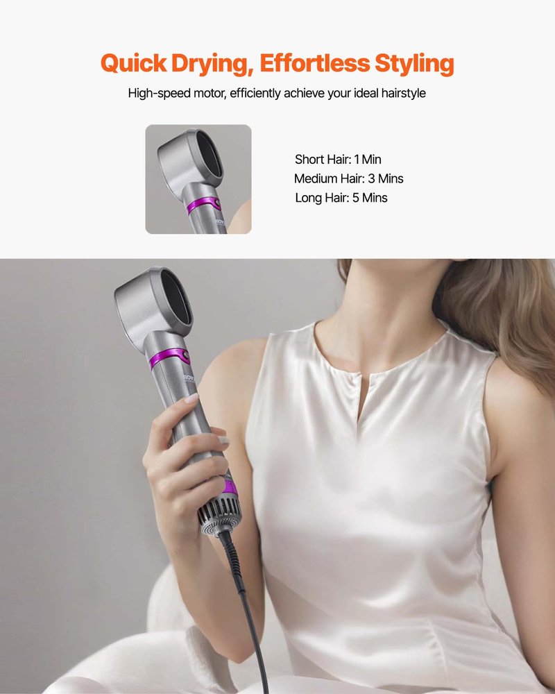 VEVOR Hair Air Styler and Dryer Brush, 5-in-1 Multi Hair Styler with 3 Brushes & 2 Nozzles, Ionic Blow Dryer Brush, Reduced Heat Damage, High-Speed Styling Tool for Volumizing Straightening Curling
