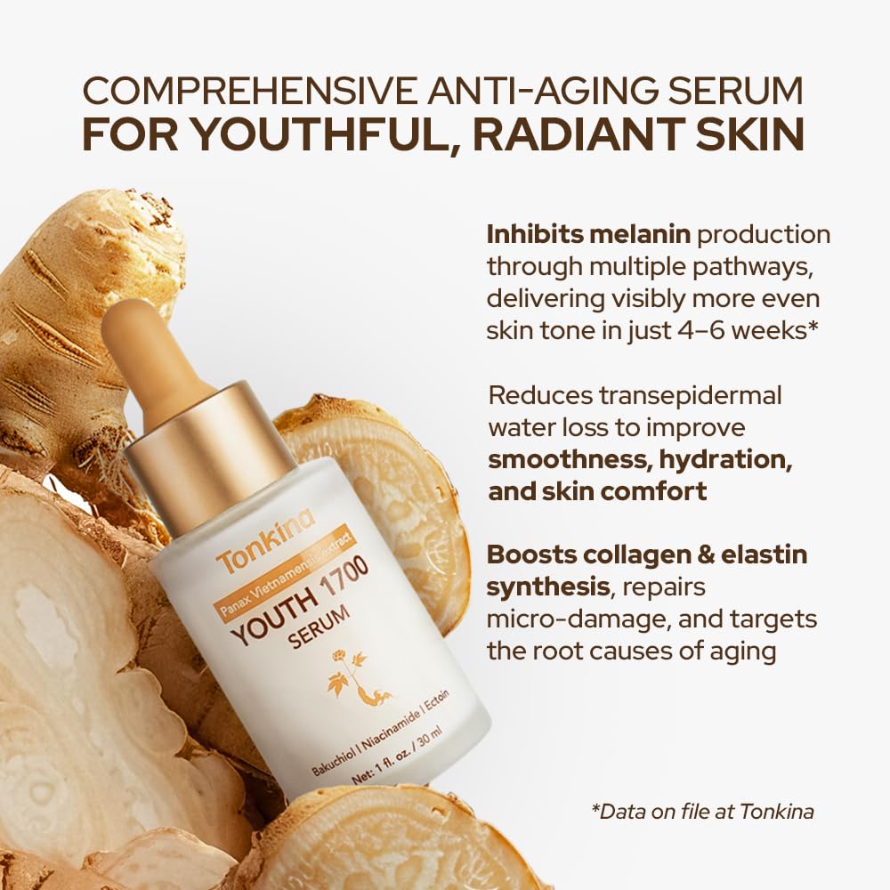 Tonkina Youth 1700 Bakuchiol Serum with Tranexamic Acid, Niacinamide, Hyaluronic Peptides & Vietnamses Ginseng, Brightening Retinol Alternative for Face, Anti Aging & Dark Spot Remover