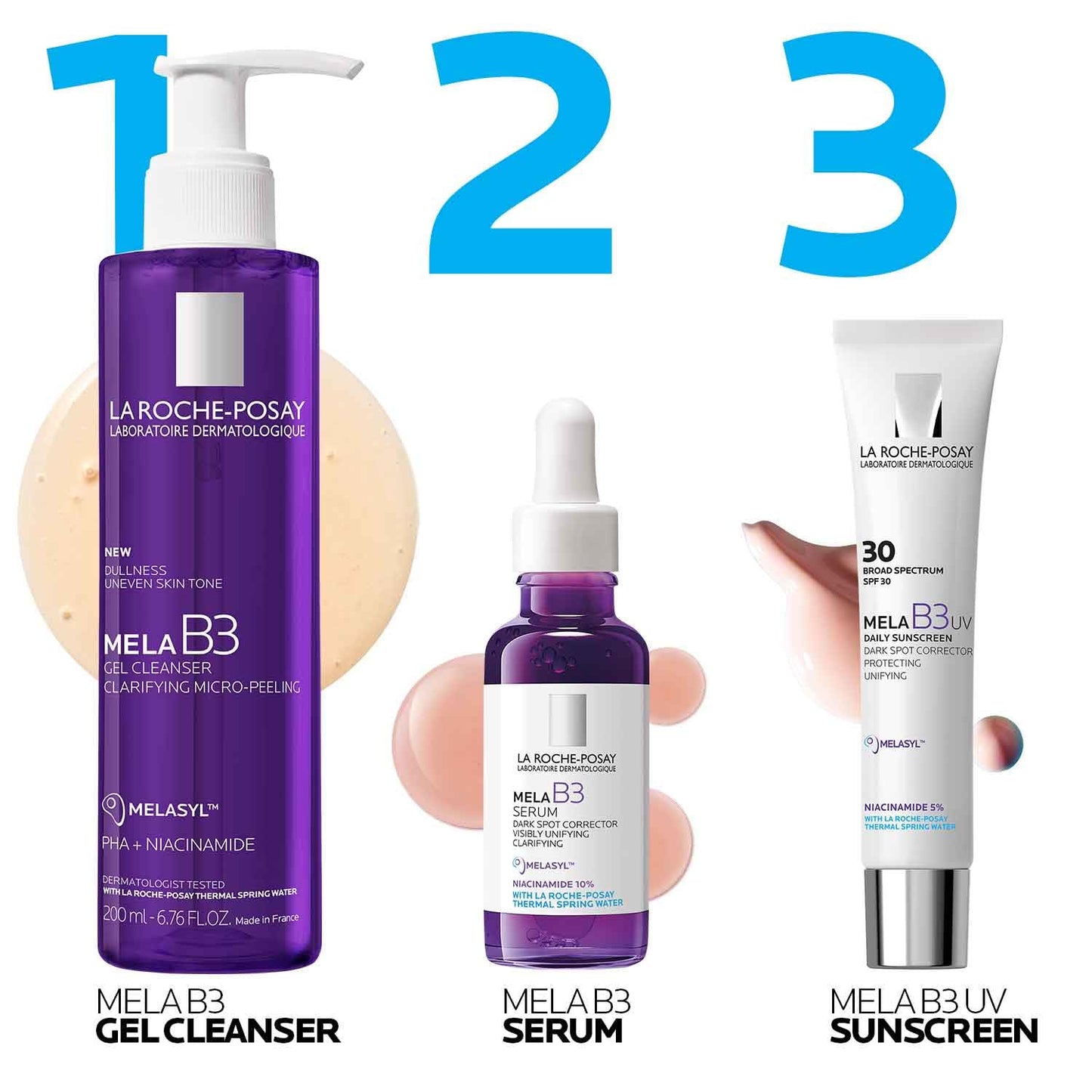 Bundle of La Roche-Posay Mela B3 Serum, Dark Spot Corrector With Melasyl + 10% Niacinamide + Mela B3 Gel Cleanser, Anti Aging Face Wash + Mela B3 UV Daily Sunscreen, Face Moisturizer With SPF 30