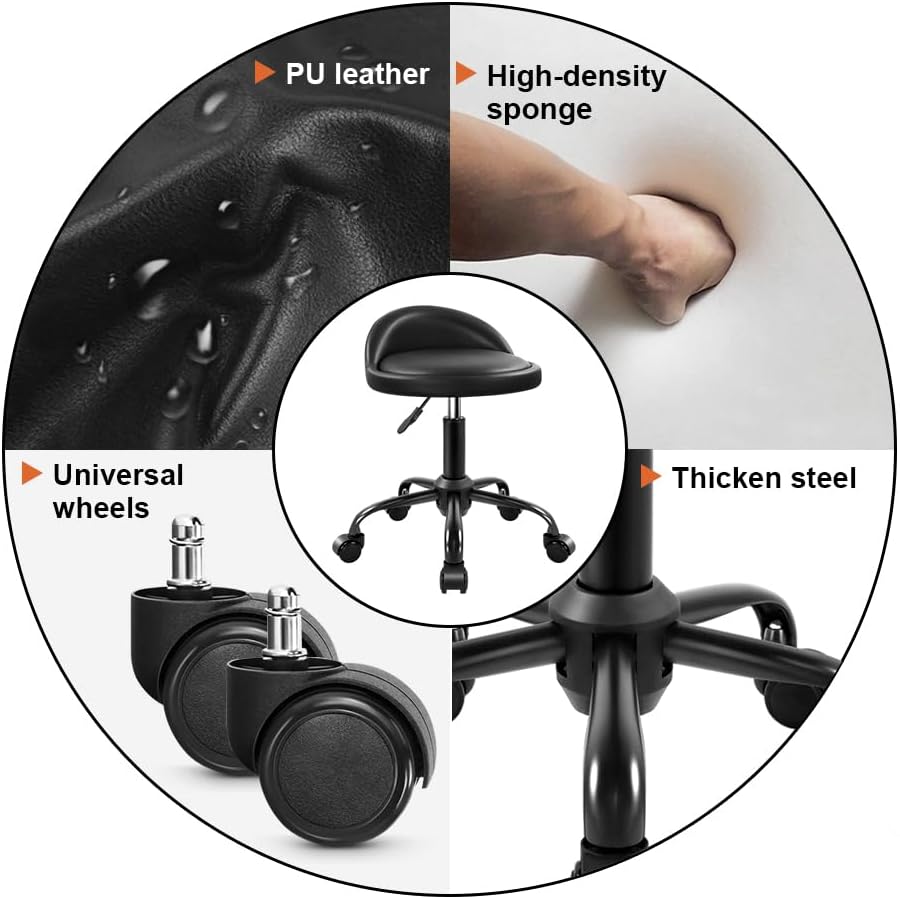 Rolling Stool with Backrest - Height Adjustable Swivel Drafting Chair | PU Leather, Small, Black