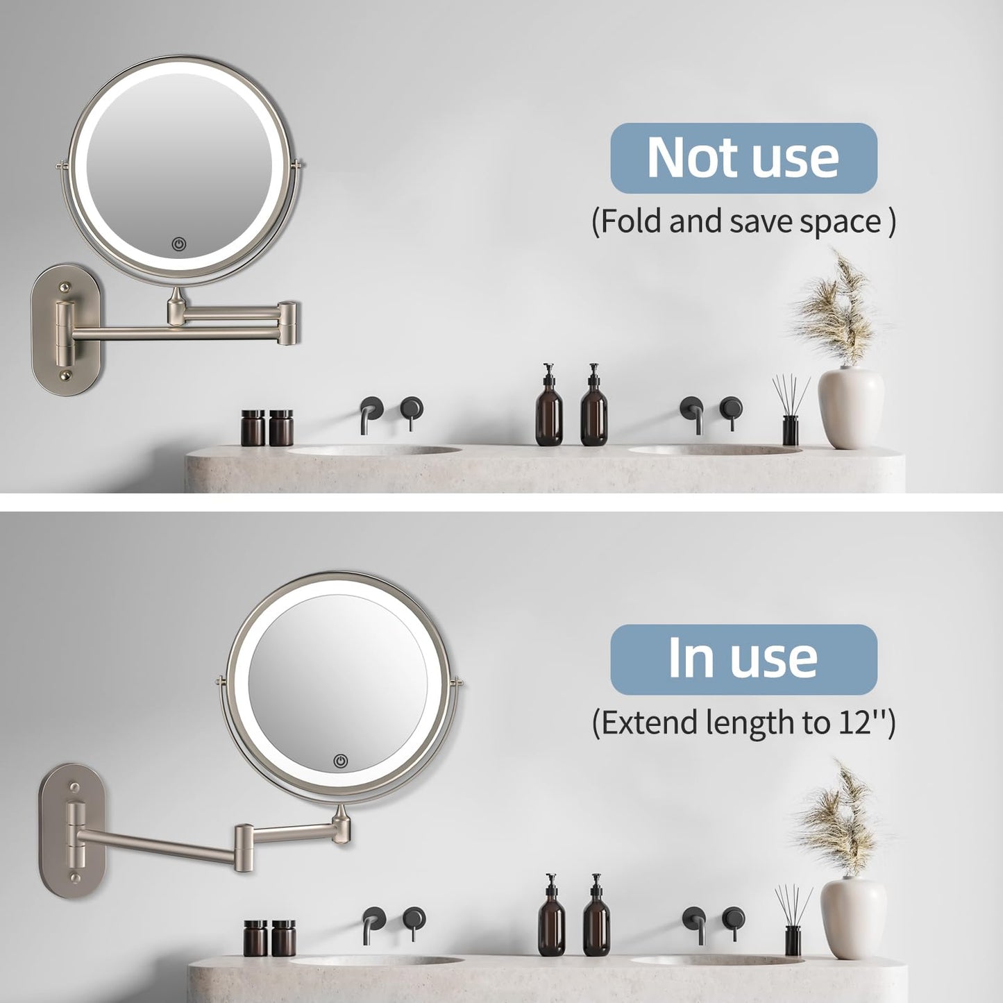 Wall Mounted Makeup Mirror with Lights - 8 Inch Rechargeable Vanity Mirror, 1X/20X Magnifying Dual-Sided, 3 Color Dimmable LED Lights, 4000mAh Battery, Brushed Nickel Finish for Bathroom & Bedroom