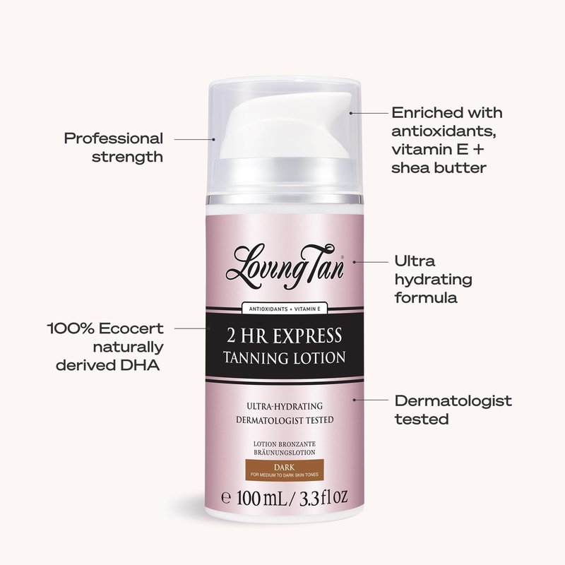 Loving Tan NEW 2 Hr Express Self Tanning Body Lotion, Dark - Hydrating Natural-Looking Glow Sunless Self Tanner, Streak-Free, Dermatologist Tested, Lightweight, Vegan and Cruelty-Free - 3.3 fl oz