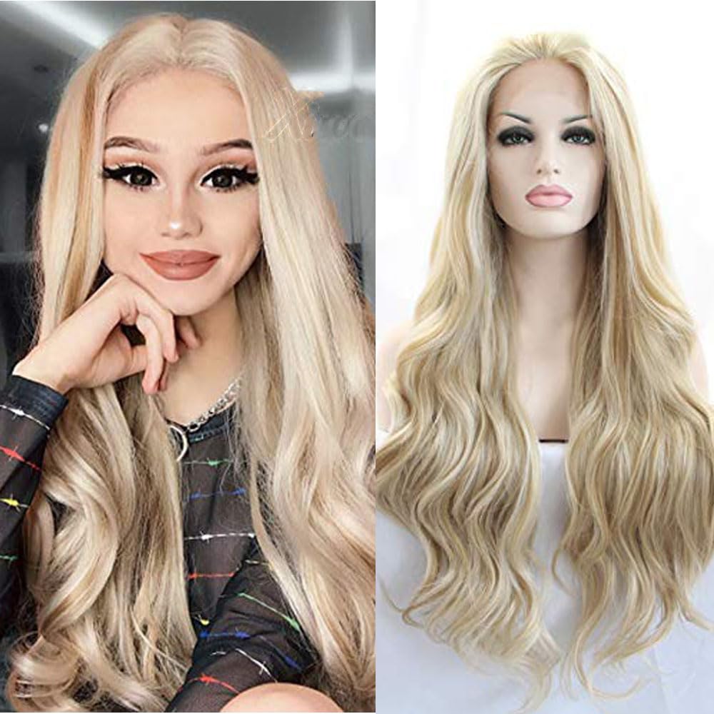 xiweiya Long Mixed Blonde Wavy Wig Highlight Gold Synthetic Lace Front Wigs Body Wave with Heat Resistant Fiber for Women Drag Queen Makeup Everyday Wig 24 inches