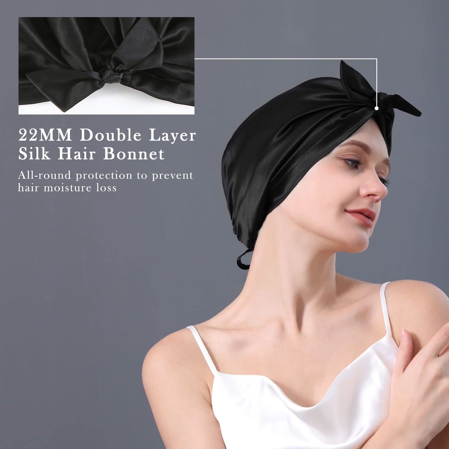 100% Mulberry Silk Bonnet for Sleeping Women, 22 Momme Grade-6A Hair Wrap with Elastic Stay& Tie Band On Head for Hair Care Short Long Curly Hair