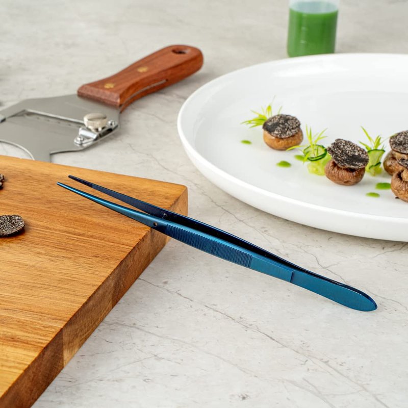 Restaurantware Perfect Point 6.3 Inch Food Tweezers 1 Straight Kitchen Tweezers - Fine Point Serrated Tips For Precision Blue Stainless Steel Cooking Tweezers For Seafood Plating Or Decorating