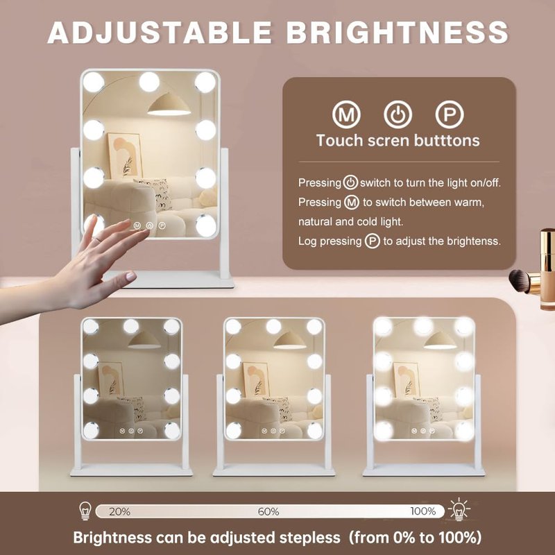 Leadzones Hollywood Vanity Mirror with Lights,Tabletop Makeup Mirror with 9 LED Lights Smart Touch Control 3 Colors Light 360°Rotation Detachable 10X Magnification